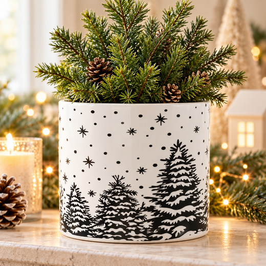 Ceramic snow scene planter with festive evergreen arrangement
