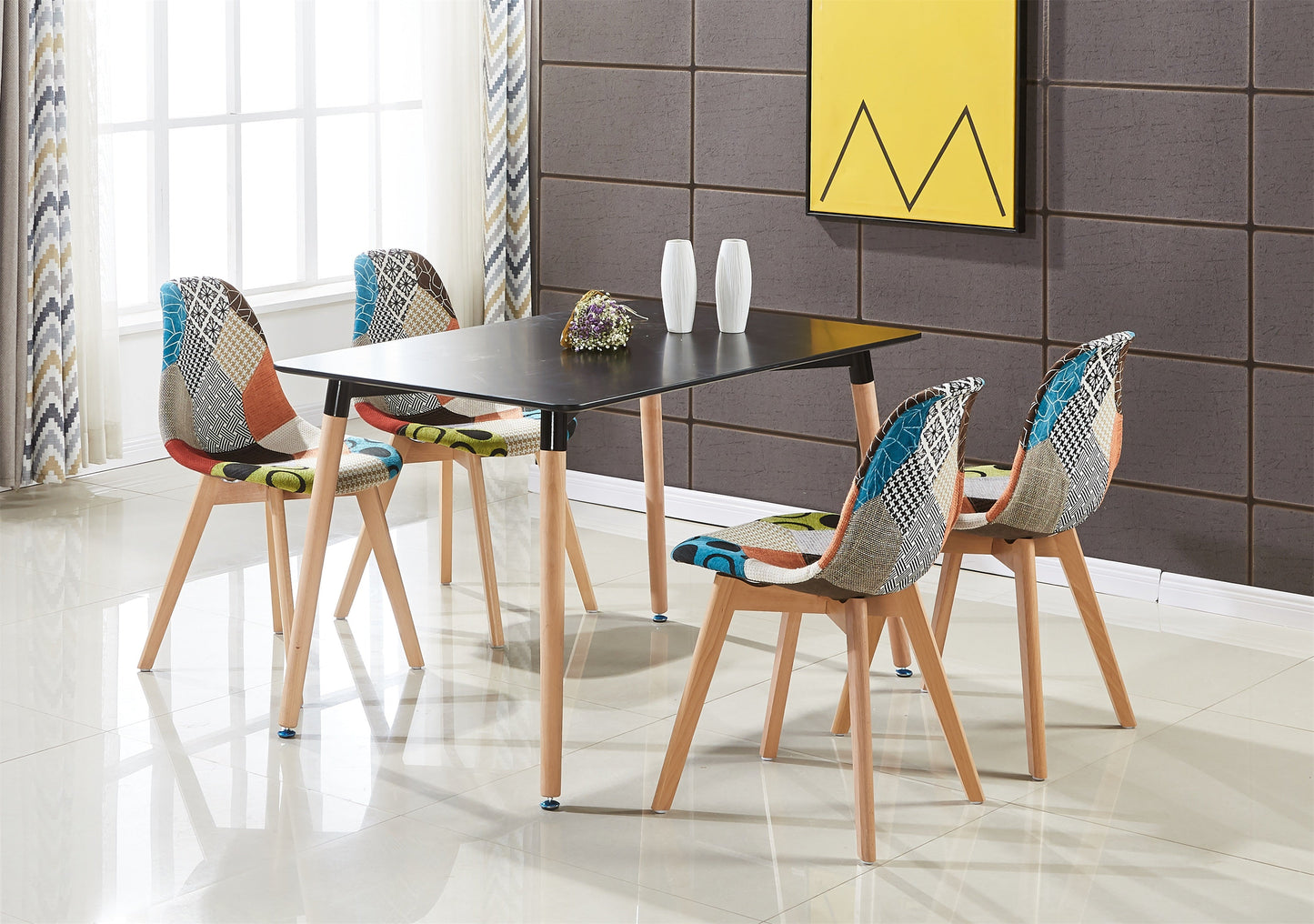 Patchwork Halo Dining Set Includes a Black Dining Table & Set of 4 Multicolour Fabric Chairs PN Home