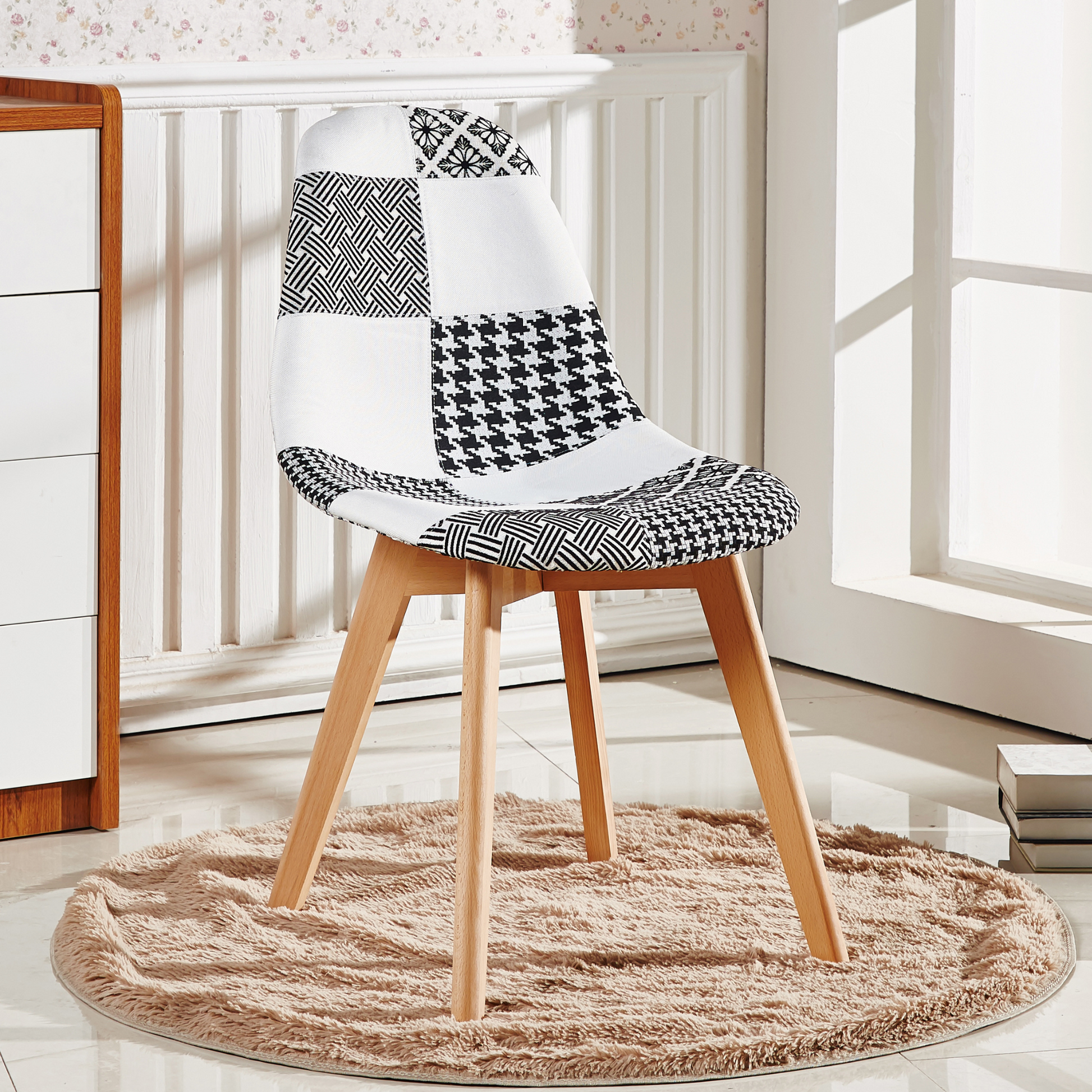 5PCs Dining Set - a Halo Dining Table & Set of 4 Black/White Tulip Patchwork Accent Chairs PN Home