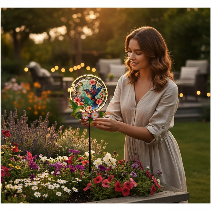 Hummingbird Stain Glass Effect Solar Light on Stake