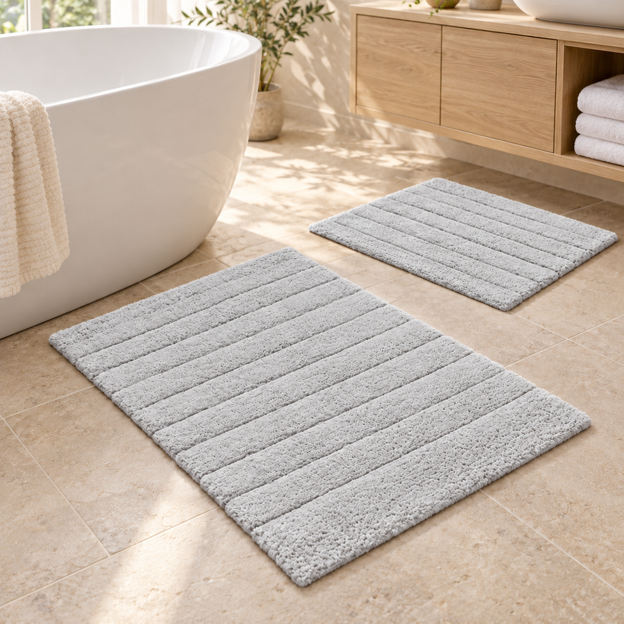 Marlow Ribbed Two Piece Bath Mat Set - 100% Cotton Dove Grey