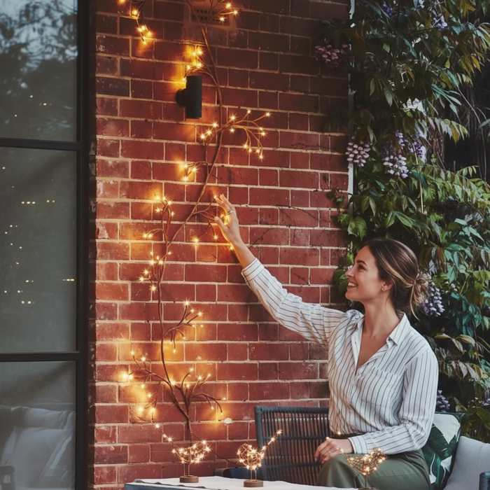 Solar Wall Ivy Brown With 96 Warm White LEDs Dual Powered For Outdoor And Indoor Use 12 Branches 2.5 Meter Length