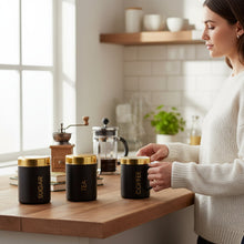 3-Piece Black & Gold Coffee, Tea & Sugar Canister Set House, Home & Garden
