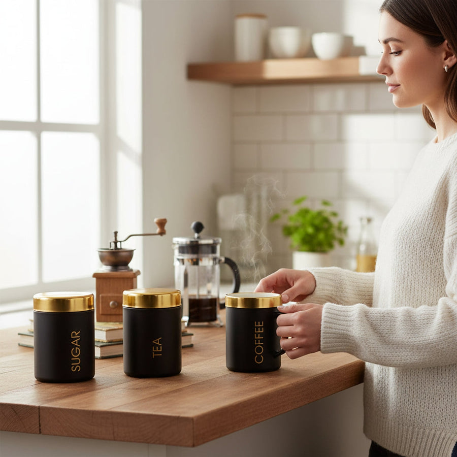 3-Piece Black & Gold Coffee, Tea & Sugar Canister Set House, Home & Garden