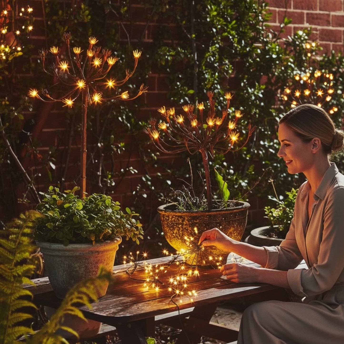 Solar Powered Wild Fennel Brown 30 Ornament Flowers 15 Warm White LEDs Dual Powered Battery and Solar Outdoor Decor 1m