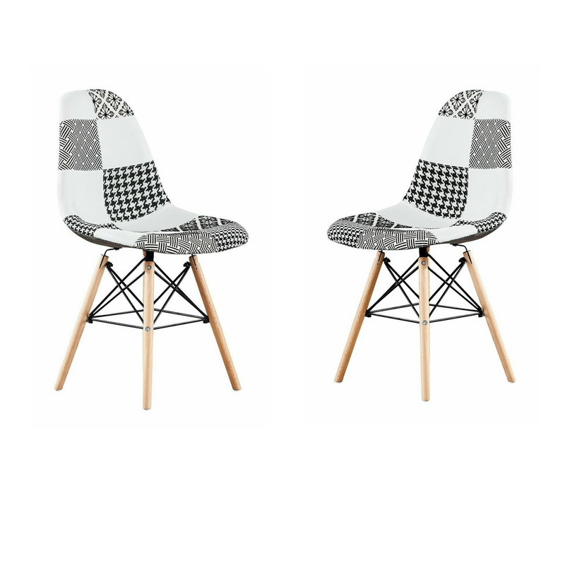 Black/White Patchwork Modern Dining Chair with Wooden Legs & Black Metal Wire Frame PN Home