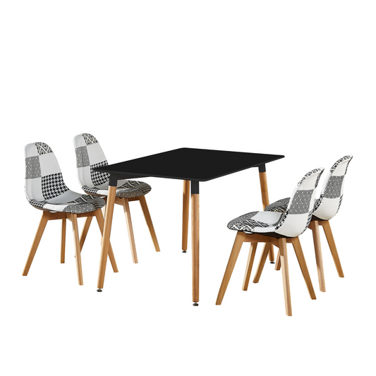 5PCs Dining Set - a Halo Dining Table & Set of 4 Black/White Tulip Patchwork Accent Chairs PN Home