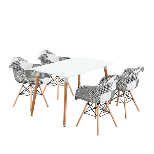 5PCs Dining Set - a White Halo Dining Table & Set of 4 Black/White Patchwork Accent Chairs PN Home