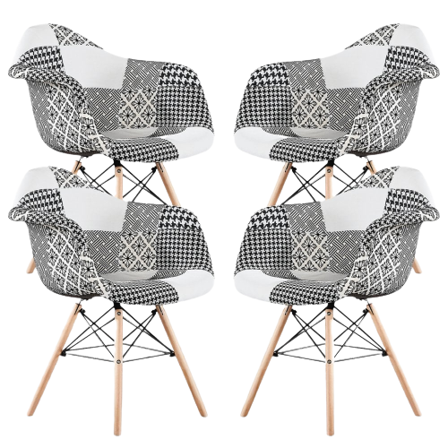 5PCs Dining Set - a White Halo Dining Table & Set of 4 Black/White Patchwork Accent Chairs PN Home