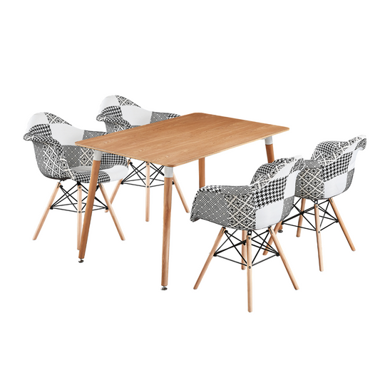 5PCs Dining Set - an Oak Halo Dining Table & Set of 4 Black/White Patchwork Accent Chairs PN Home