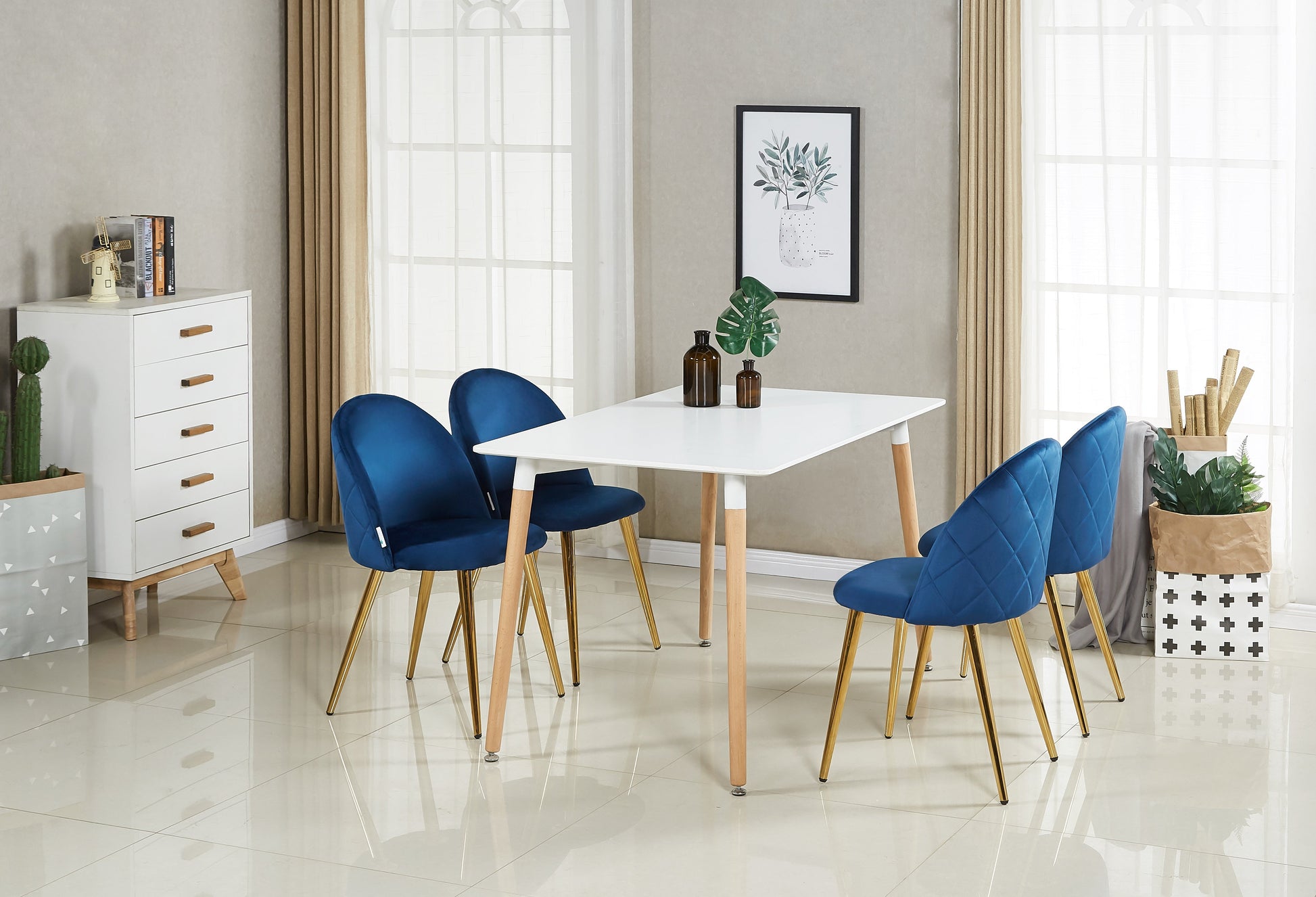 Lucia Halo Dining Set, a Table and Chairs Set of 4, White/Grey PN Home