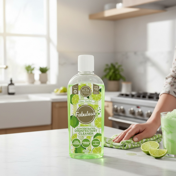 Fabulosa disinfecant cleaner bottle on a kitchen counter with lime wedges and a person cleaning.