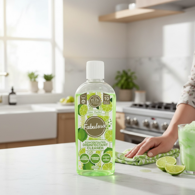Fabulosa disinfecant cleaner bottle on a kitchen counter with lime wedges and a person cleaning.