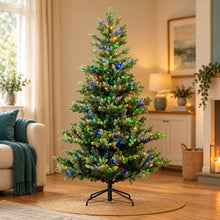 6ft 1.8m Geneva Fir GB Artificial Christmas Tree with Built In Multi Colour Micro LED Lights Indoor – full product in a festive home setting