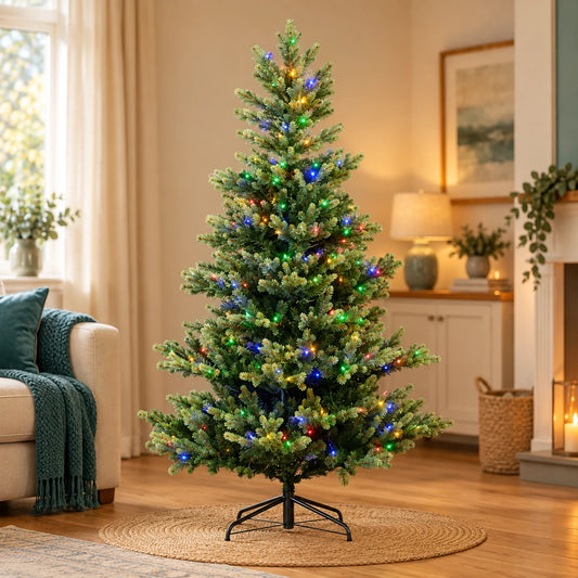 6ft 1.8m Geneva Fir GB Artificial Christmas Tree with Built In Multi Colour Micro LED Lights Indoor – full product in a festive home setting