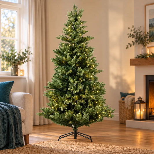 6ft 1.8m Geneva Fir GB Artificial Christmas Tree with Built In Micro LED Lights Indoor – full product in a festive home setting