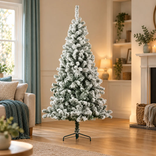 6ft 1.8m Rovinj Pine Snowy Artificial Christmas Tree Indoor – full product in a festive home setting