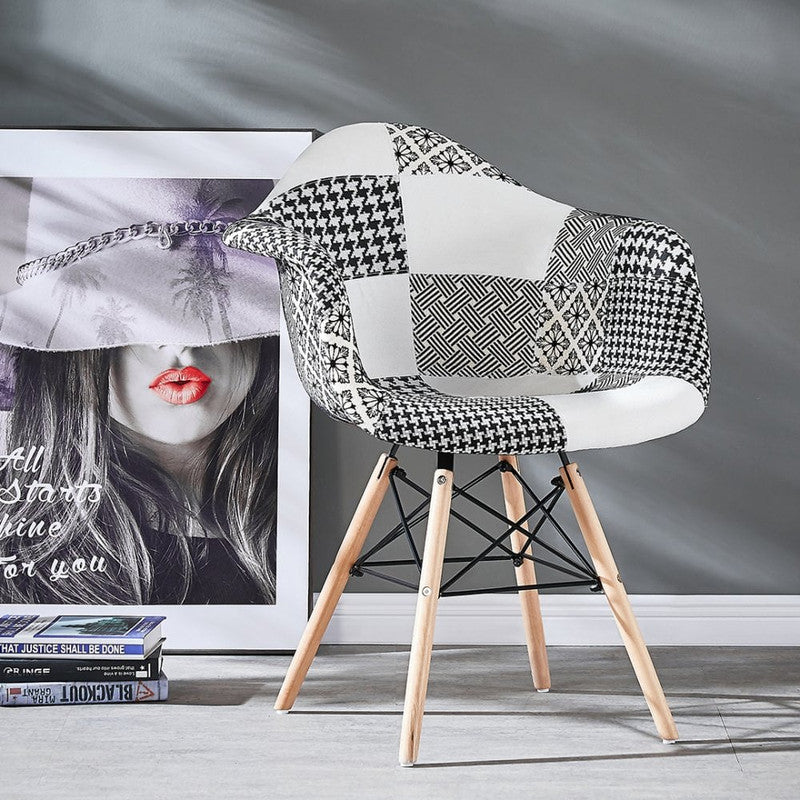 5PCs Dining Set - a White Halo Dining Table & Set of 4 Black/White Patchwork Accent Chairs PN Home