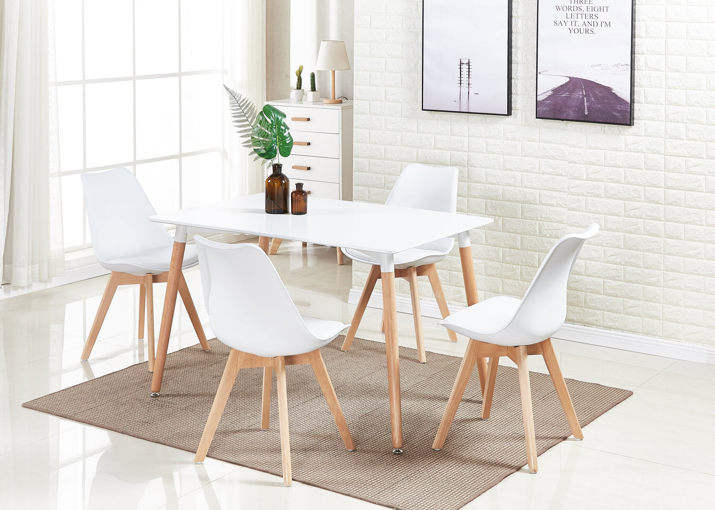 5PCs Dining Set - a White Halo Dining Table & Set of 4 Lorenzo Tulip Dining Chairs with Padded Seat PN Home
