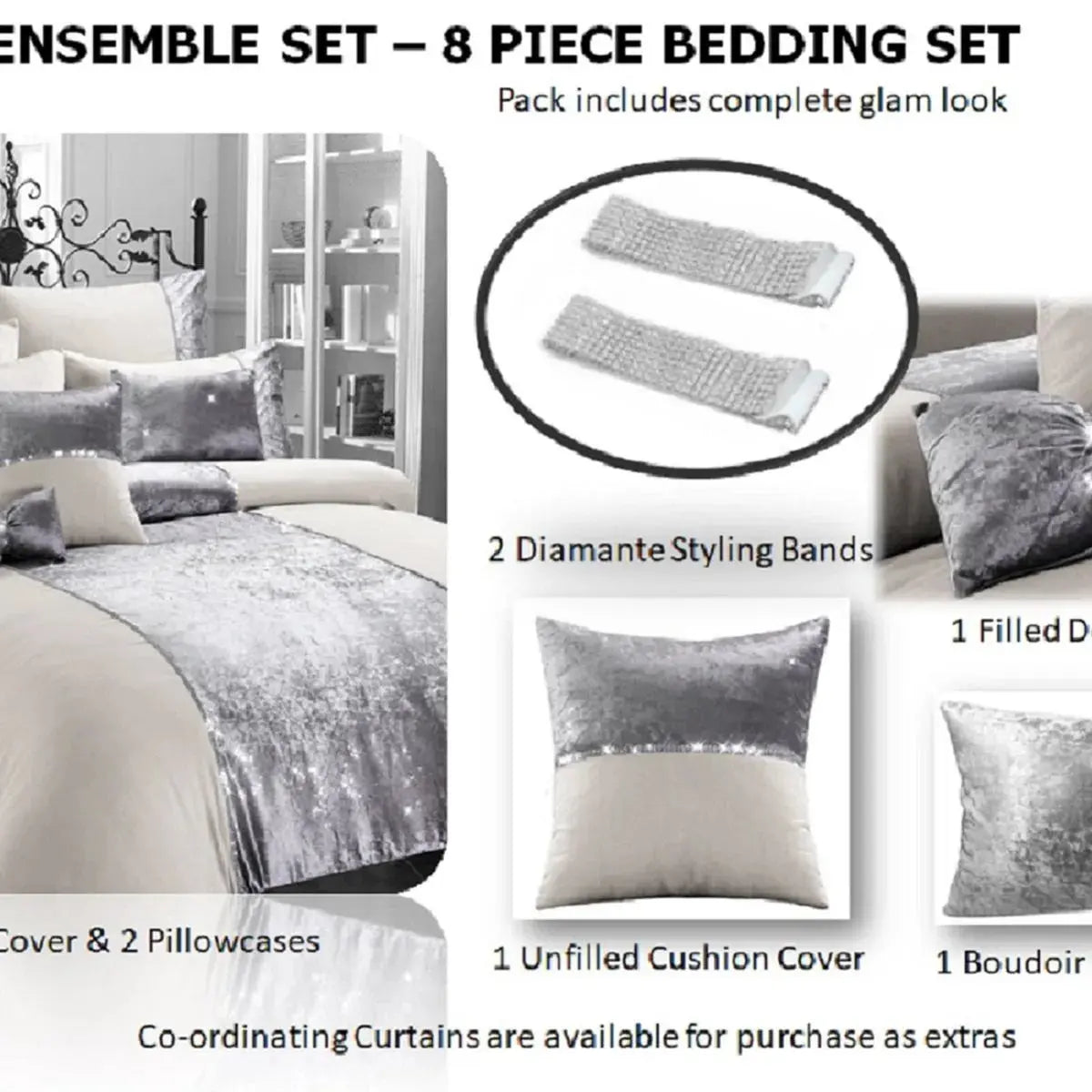 8 Piece Ensemble Ombre Velvet Embellished Mink Champagne Sparkle Double Bedding Set AK Kin Garden Supplies