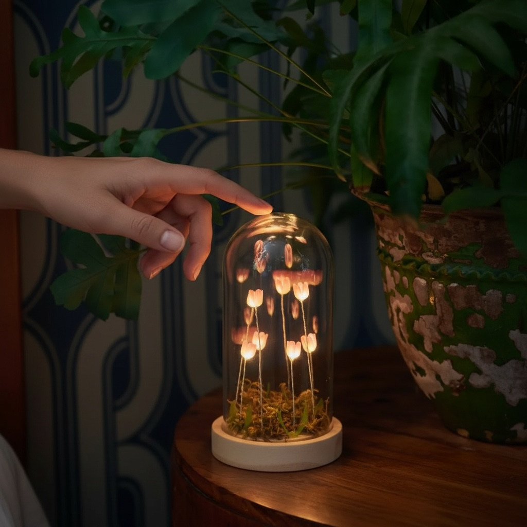 Flora Wonderland Indoor Decor Light 17.5cm Tall Glass 8 Warm White LEDs Battery Powered Timer 6 Hours On 18 Hours Off