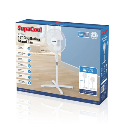 SupaCool Oscillating Stand Fan With Adjustable Height Tilt Quiet Operation And Wide Air Coverage For Home Office