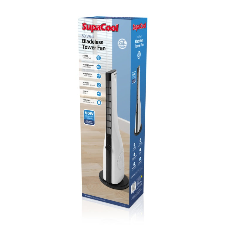 SupaCool Bladeless Tower Fan 50W Energy Efficient Quiet Cooling For Home Office Bedroom