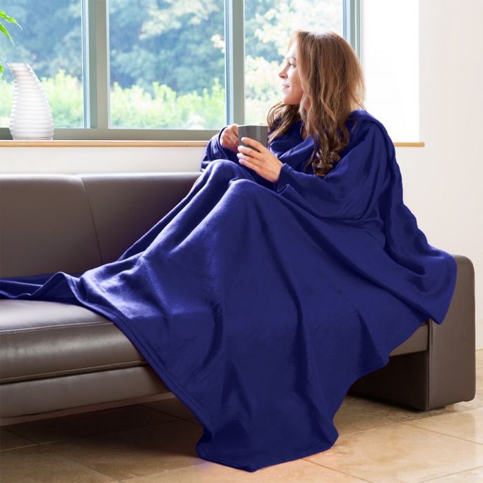 Snug-Rug Deluxe Wearable Blanket with Sleeves & Pouch Pocket – Navy Coral Fleece
