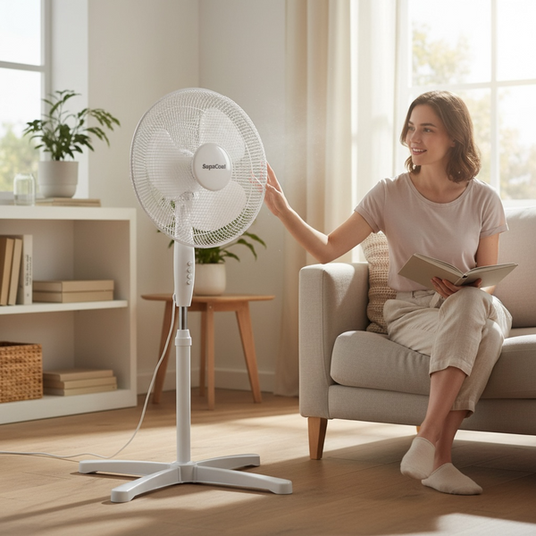 SupaCool Oscillating Stand Fan With Adjustable Height Tilt Quiet Operation And Wide Air Coverage For Home Office