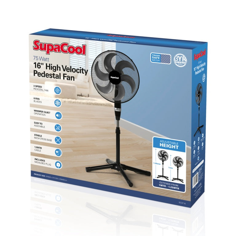 SupaCool High Velocity Pedestal Fan Black With Adjustable Height And Tilt For Home Office Cooling