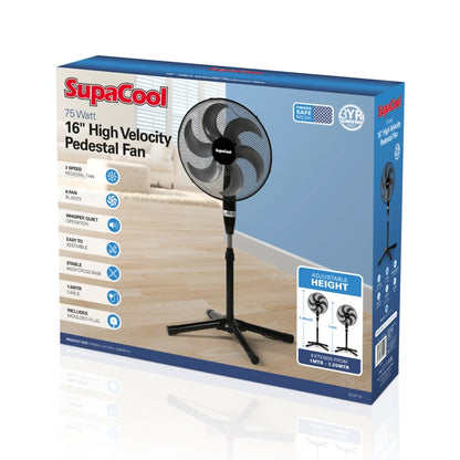 SupaCool High Velocity Pedestal Fan Black With Adjustable Height And Tilt For Home Office Cooling