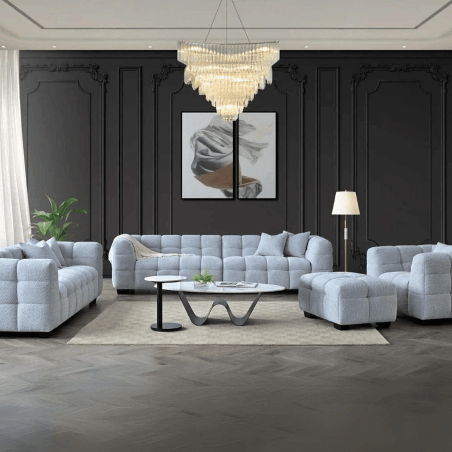 Aluxo Tribeca Sofa in Pearl Bouclé Fabric UK Beds Direct ltd