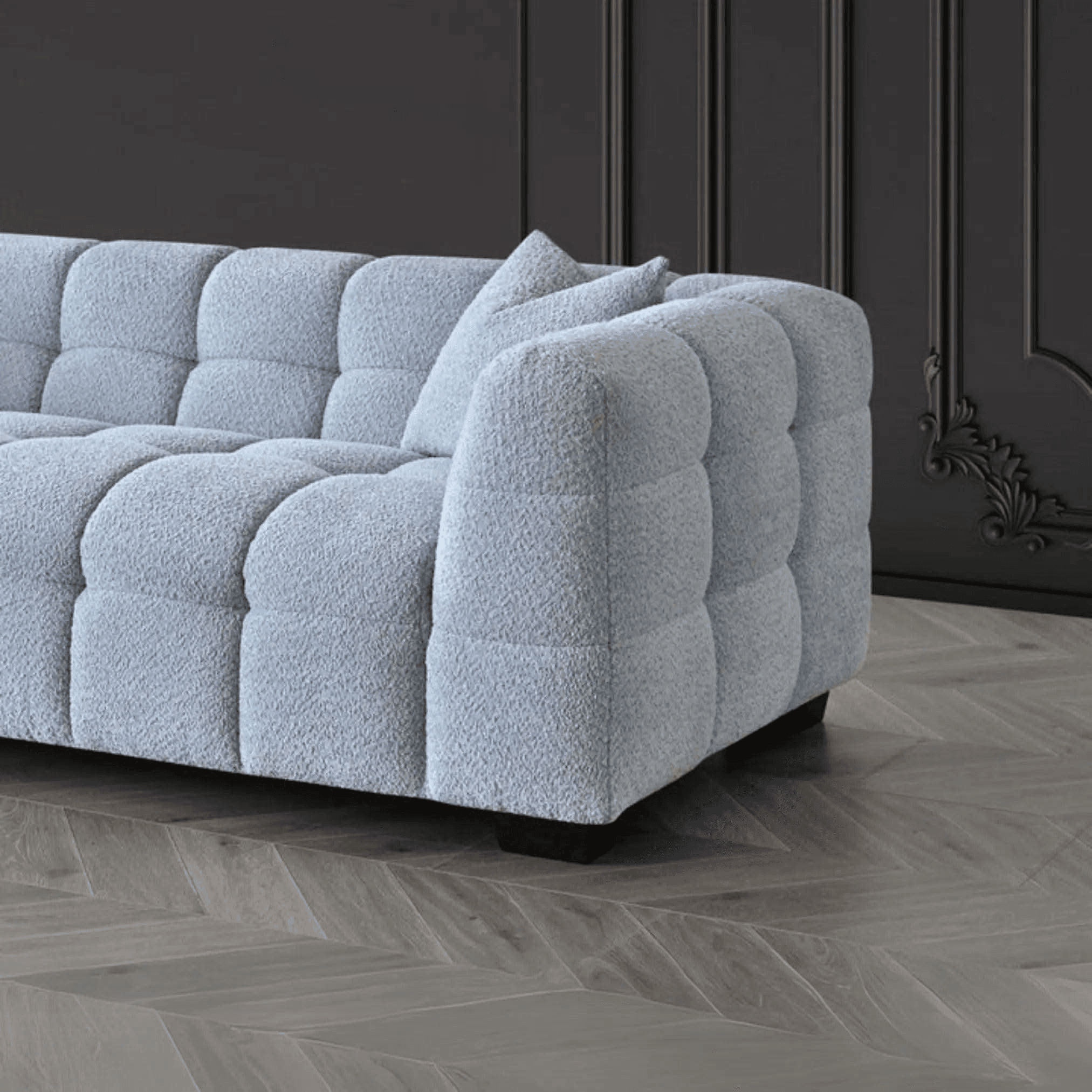 Aluxo Tribeca Sofa in Pearl Bouclé Fabric UK Beds Direct ltd