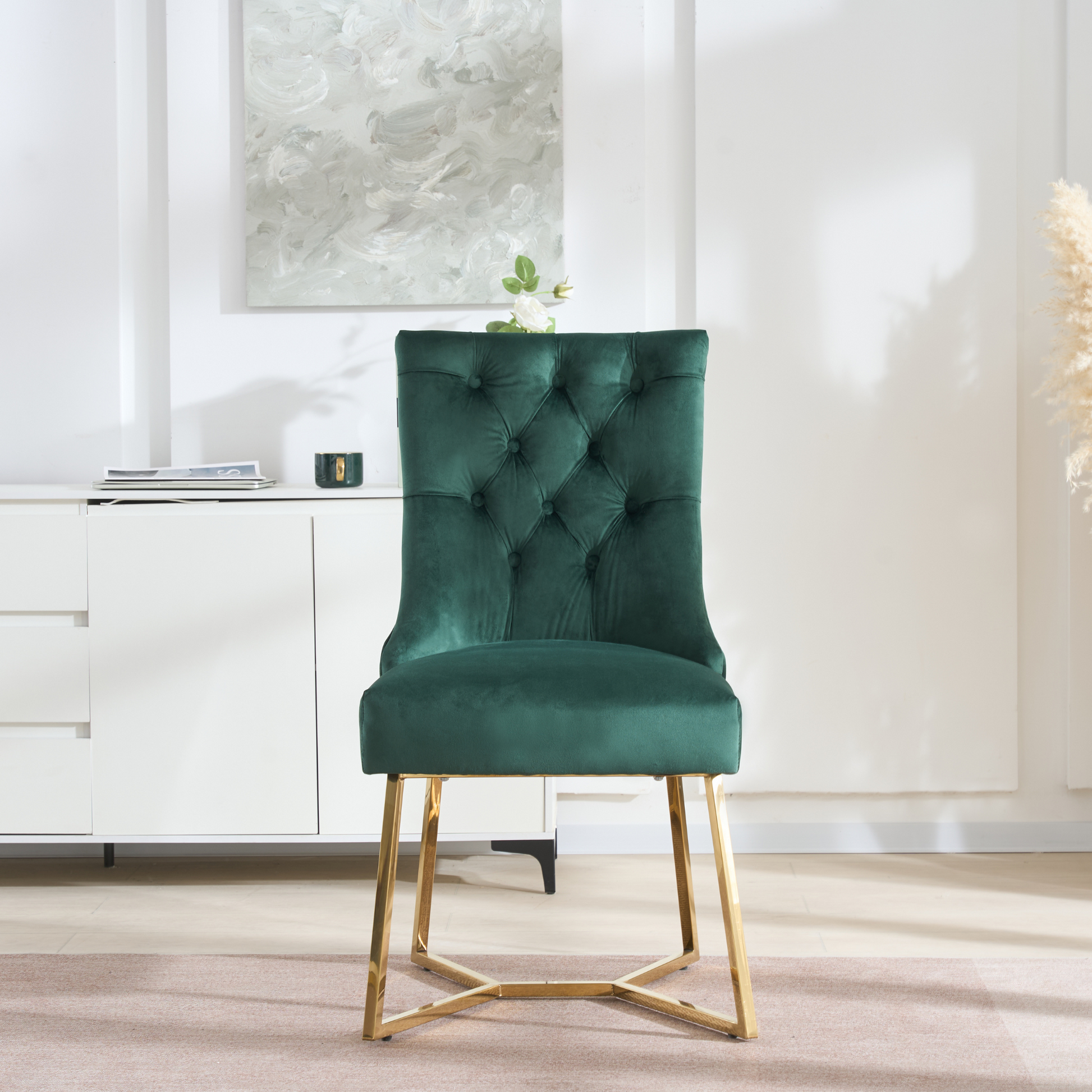 Ambra Velvet Dining Chair – Tufted Luxury Accent with Gold Legs & Ring Pull PN Home