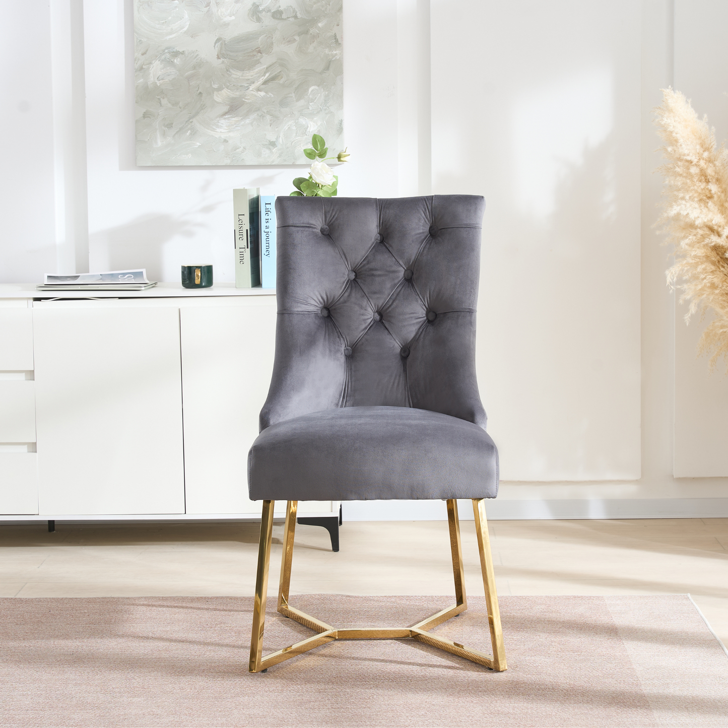 Ambra Velvet Dining Chair – Tufted Luxury Accent with Gold Legs & Ring Pull PN Home