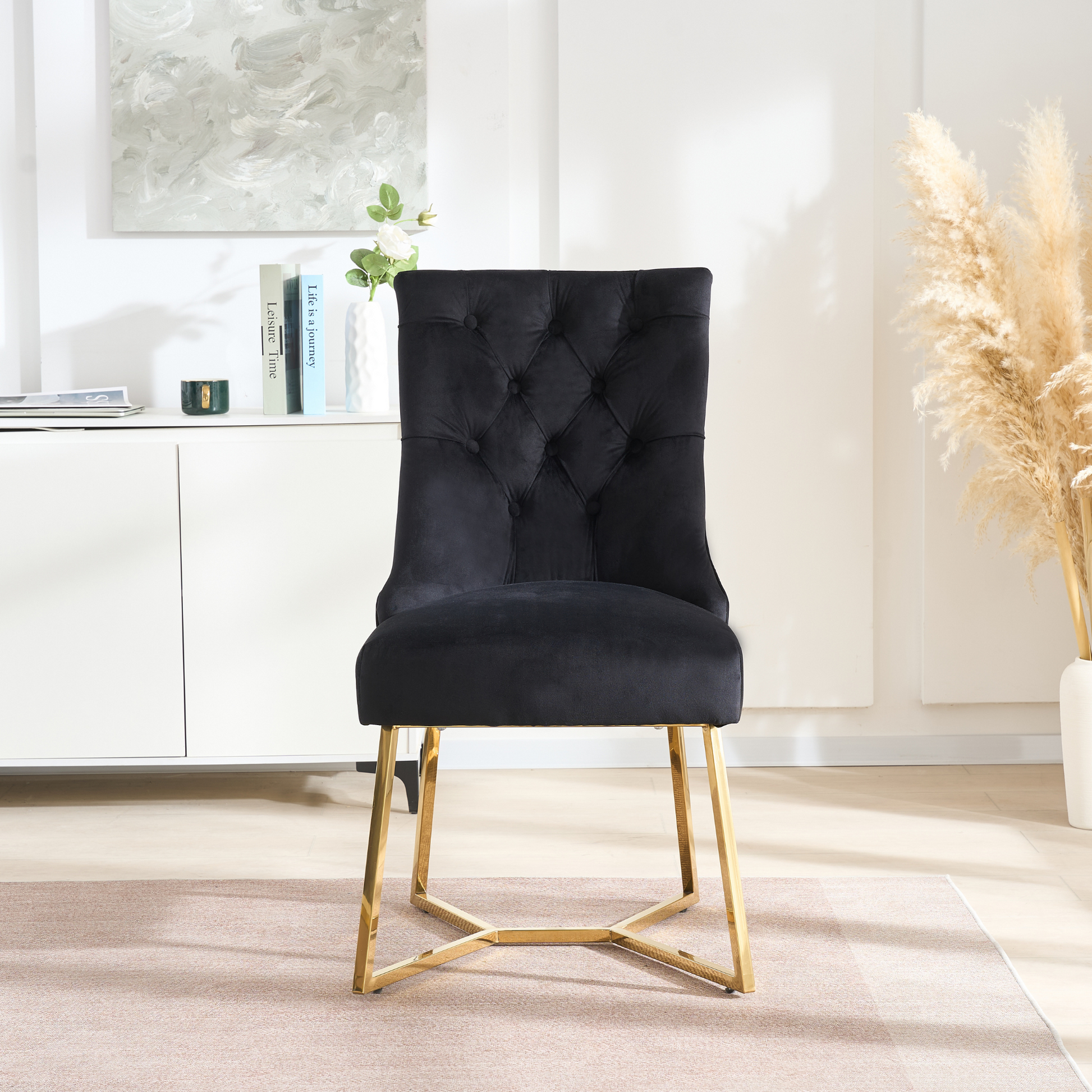 Ambra Velvet Dining Chair – Tufted Luxury Accent with Gold Legs & Ring Pull PN Home