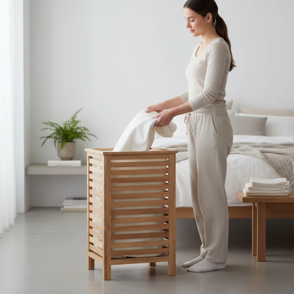 Arla Walnut Wood Laundry Hamper with Lining House, Home & Garden