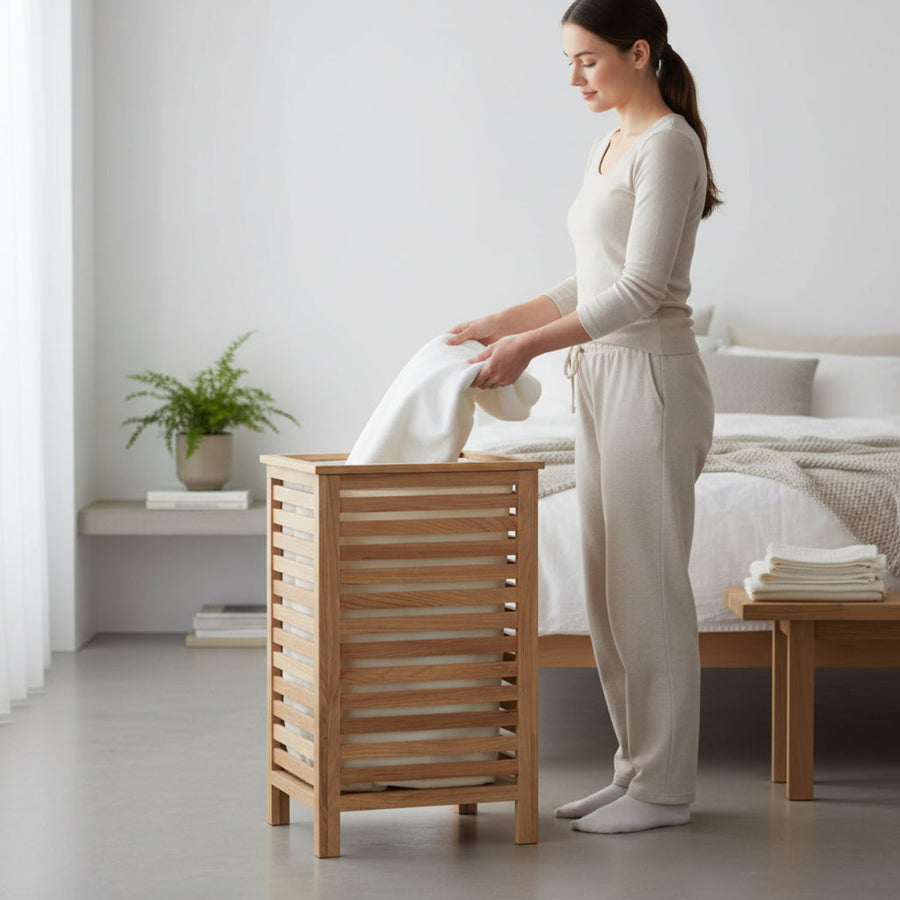 Arla Walnut Wood Laundry Hamper with Lining House, Home & Garden