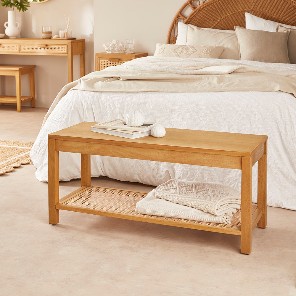 Bali Rattan Bench with Storage Shelf Fishe and Lilly