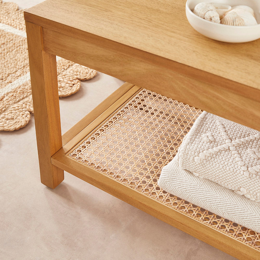 Bali Rattan Bench with Storage Shelf Fishe and Lilly