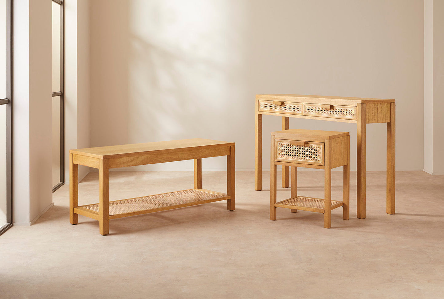 Bali Rattan Bench with Storage Shelf Fishe and Lilly