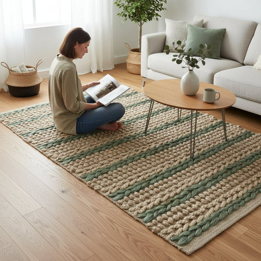 Banana Fibre & Cotton Rug – Pistachio & Natural (120 × 170cm) House, Home & Garden