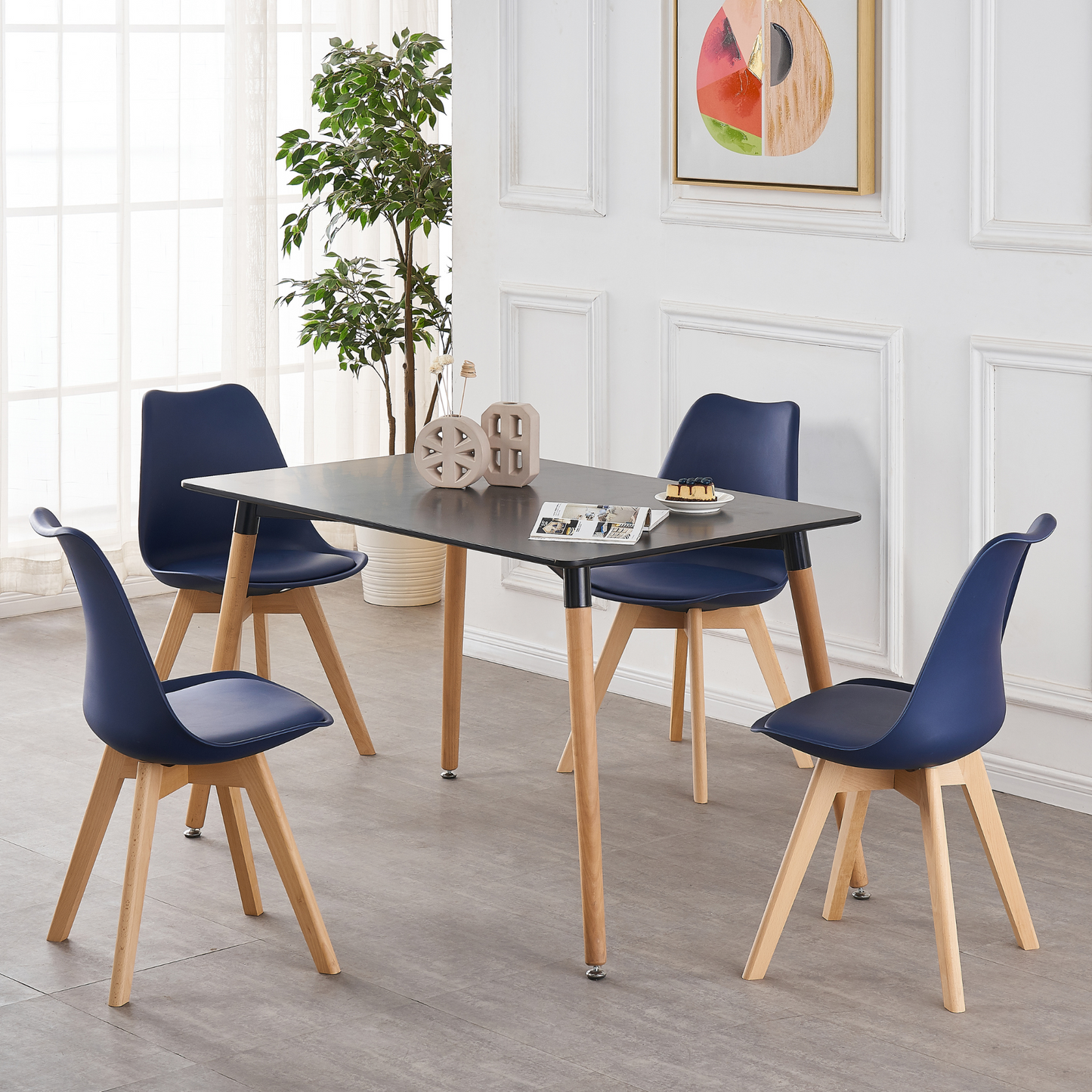 Black Halo Dining Table & Set of 4 Jamie Lorenzo Tulip chairs with Padded Seat PN Home