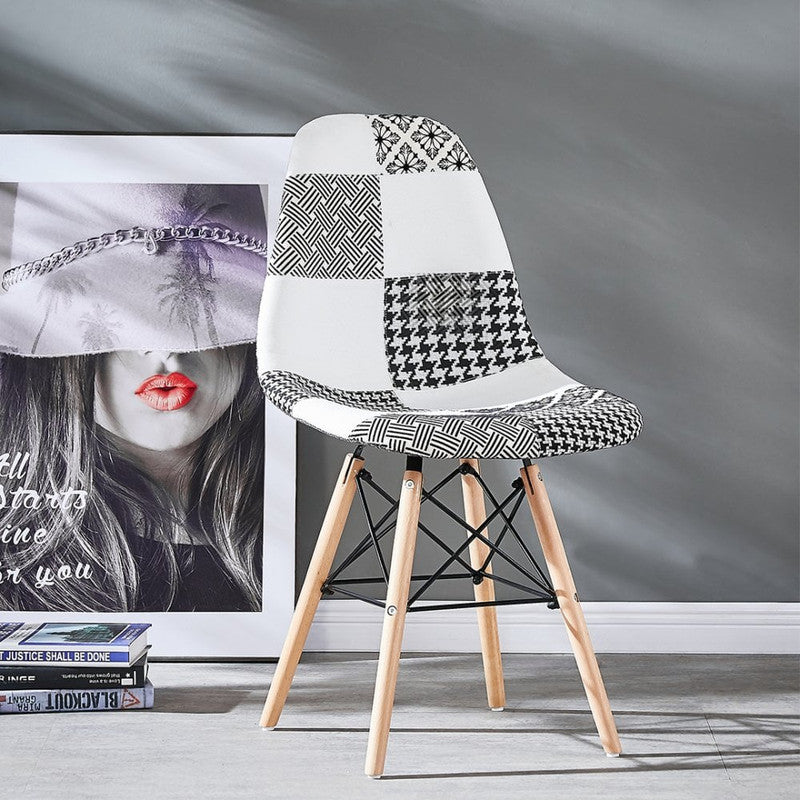 Black/White Patchwork Modern Dining Chair with Wooden Legs & Black Metal Wire Frame PN Home