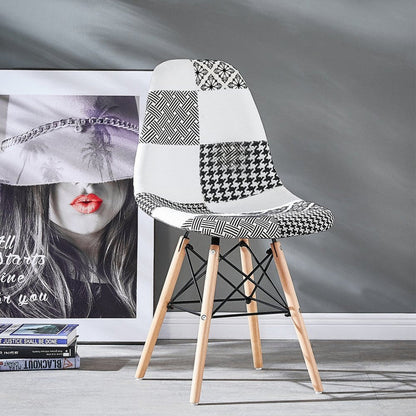 Black/White Patchwork Modern Dining Chair with Wooden Legs & Black Metal Wire Frame PN Home
