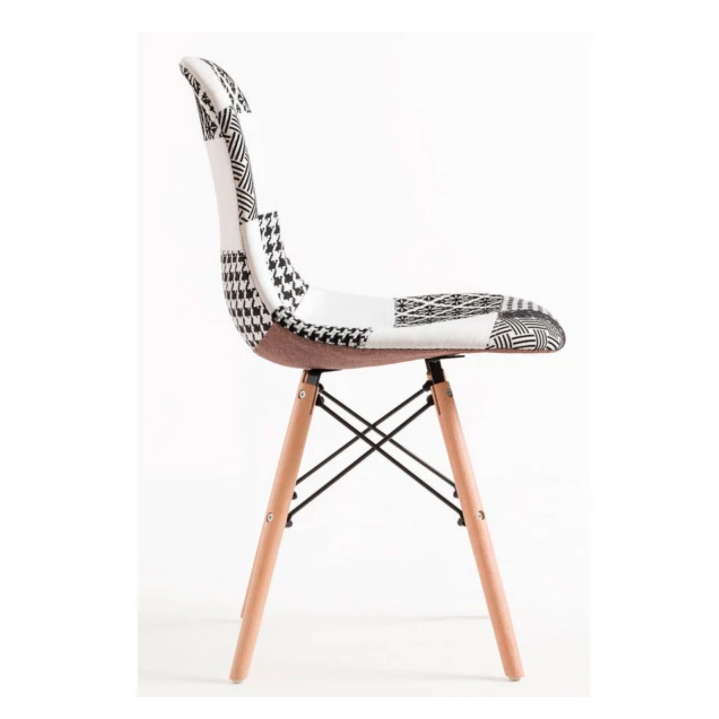 Black/White Patchwork Modern Dining Chair with Wooden Legs & Black Metal Wire Frame PN Home