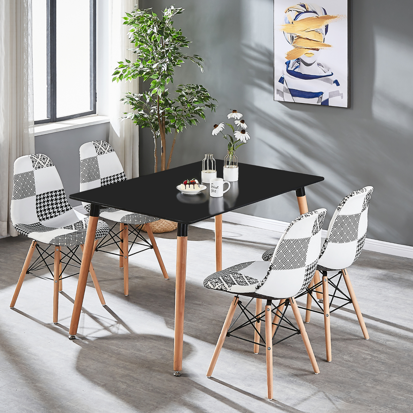 Black/White Patchwork Modern Dining Chair with Wooden Legs & Black Metal Wire Frame PN Home