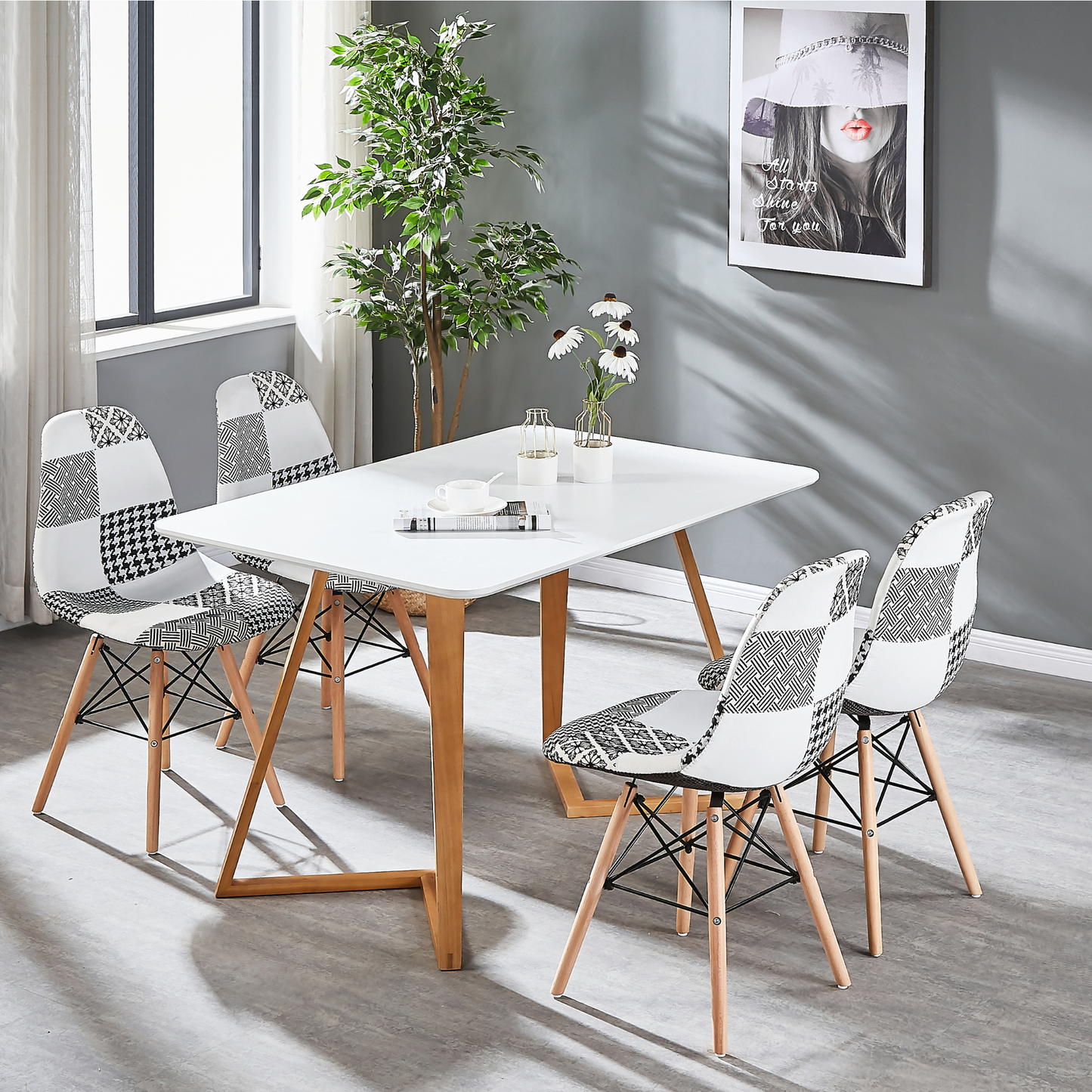 Black/White Patchwork Modern Dining Chair with Wooden Legs & Black Metal Wire Frame PN Home