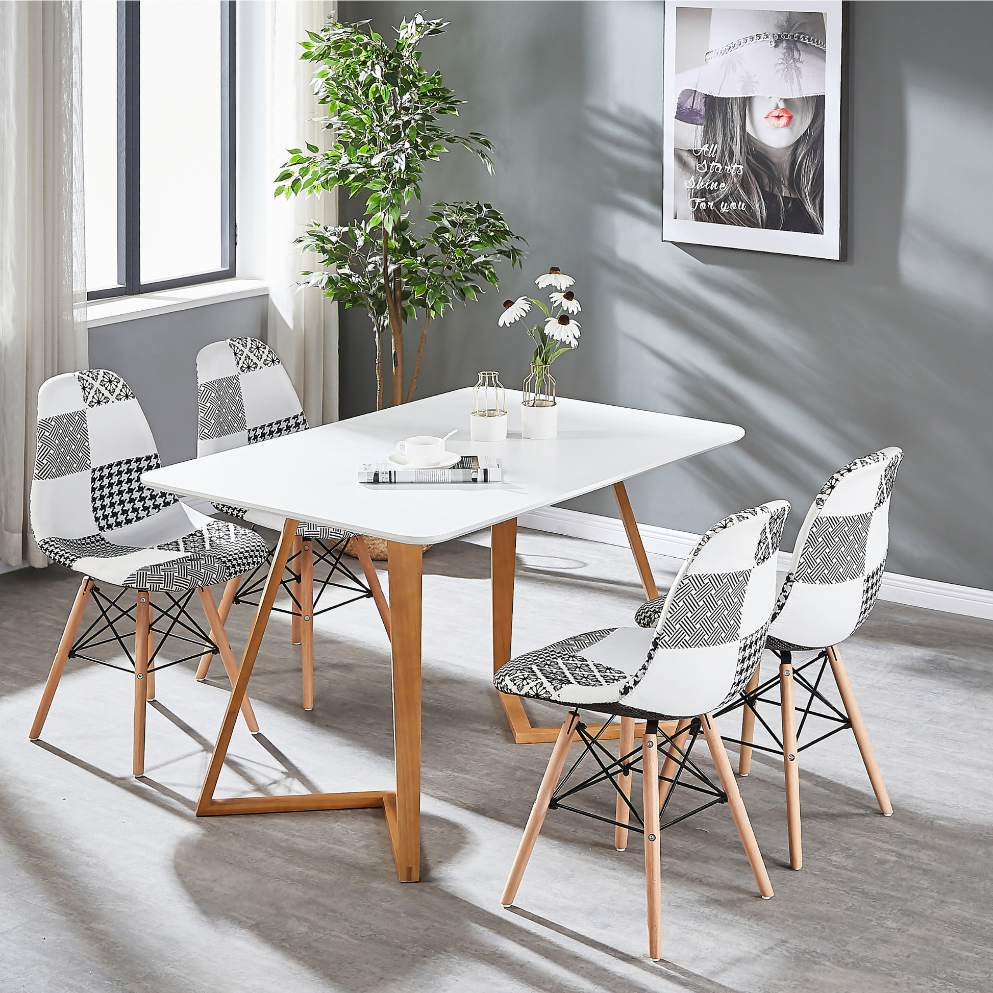 Black/White Patchwork Modern Dining Chair with Wooden Legs & Black Metal Wire Frame PN Home