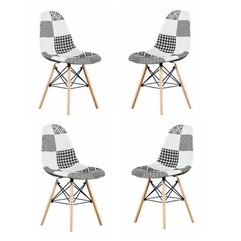 Black/White Patchwork Modern Dining Chair with Wooden Legs & Black Metal Wire Frame PN Home